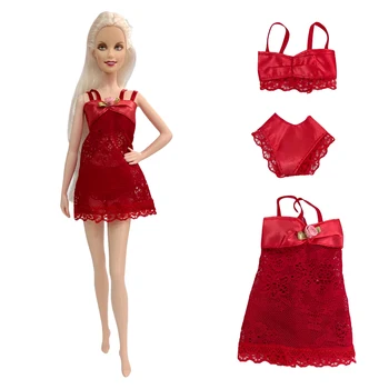 3 предмет/комплект, червен лейси пижами, модни дрехи, бельо, рокля с бюстгальтером, Домашно облекло, аксесоари за кукла Барби
