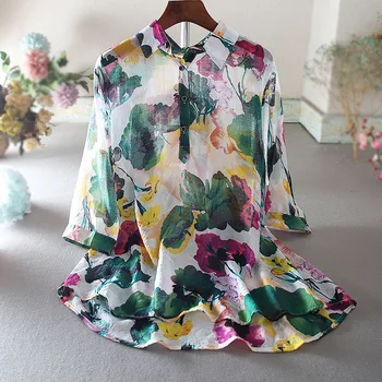 Дамски пролетно-лятна тънък памучен бельо риза с винтажным принтом, дамски реколта свободна ежедневни риза голям размер, блуза TB768