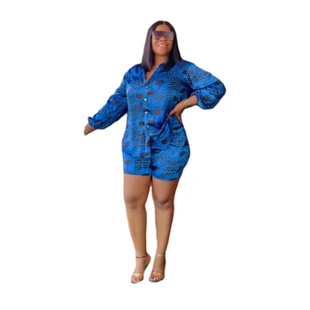 Модерен случайни комплект ризи размер на плюс в африканския стил за жени, Лятна новост 2022, африканска женска риза с принтом и къси Панталони, комплект от две части
