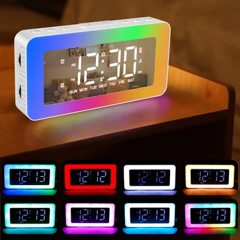 Нов будилник Двойно огледало за повторение на алармата, USB цифров часовник формат 12/24 с регулируема сила на звука Нощни часове с регулируема яркост в нощта